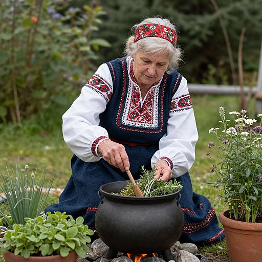 Elderly Nordic Woman Brewing Herbs