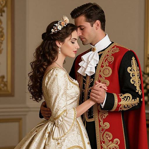 Photorealistic digital image of a romantic couple in elaborate Victorian-style attire, with the man in a red and gold embroidered coat, and the woman in