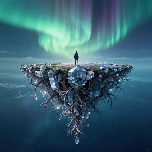 Digital art: Silhouetted figure stands on floating island with crystalline roots, surrounded by vibrant green auroras in a starry night sky.