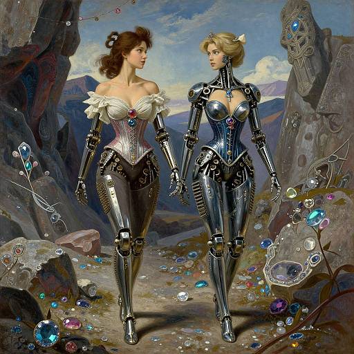 Digital artwork of two women; one in a white off-shoulder corset with brown hair, the other in a metallic, futuristic bodysuit