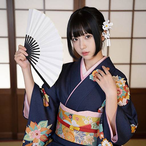 Young Japanese woman with black bob hair, wearing a colorful floral kimono, holding a black fan and white umbrella, standing in a traditional shoji screen