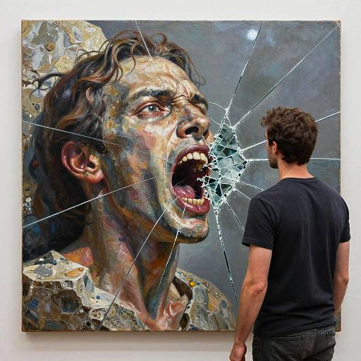 Man Viewing Hyperrealistic Shattered Glass Painting