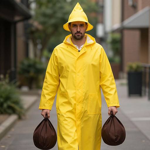 Photograph of a bearded man with a serious expression, wearing a bright yellow raincoat and hat, carrying two brown bags, walking on a city