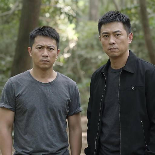 Two Serious Men Standing in Forest