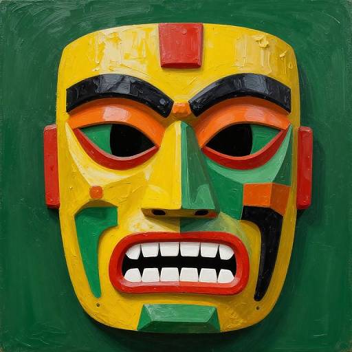 Vibrant, abstract, tribal-style mask painting with bold yellow, green, red, and black colors, featuring intense eyes, prominent teeth, and