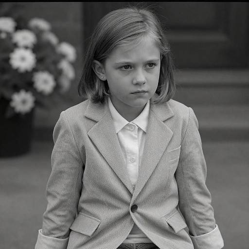 Black-and-White Portrait of Serious Young Girl