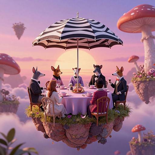 Furry anthropomorphic foxes and rabbit dine on a floating table under a striped umbrella, surrounded by whimsical mushrooms and pink clouds. Digital art.