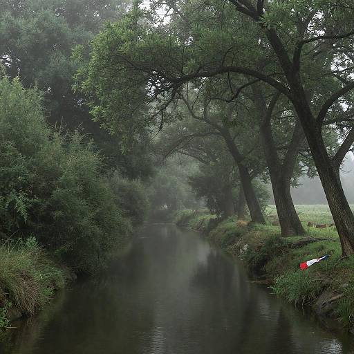 Misty Forest with Reflective Stream