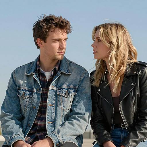Young Couple Outdoors in Denim and Leather Jackets