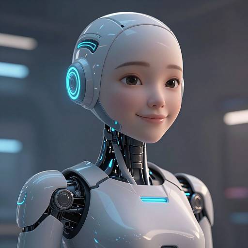 CGI image of a cute, smiling female robot with white, glossy skin, blue glowing accents, and large, round eyes in a futuristic lab.