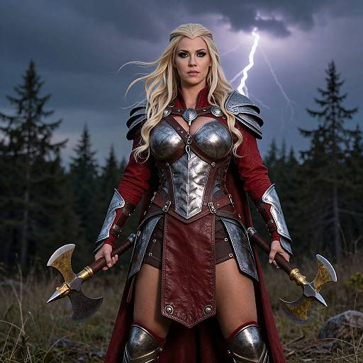 Photograph of a blonde warrior woman in silver armor, red cape, holding two axes, standing in a stormy forest with lightning.