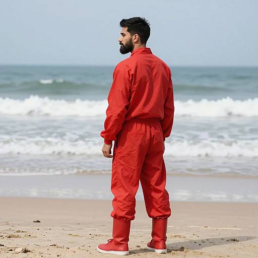 Photograph of a bearded man with dark hair, wearing a bright red jumpsuit and matching boots, standing on a sandy beach, looking at the