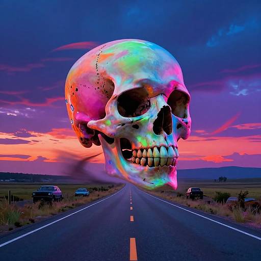Futuristic Neon Skull on Deserted Road