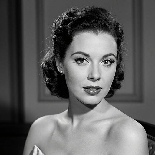 Black-and-white photograph of a 1940s-style woman with wavy, dark hair, wearing a strapless dress, gazing slightly to the