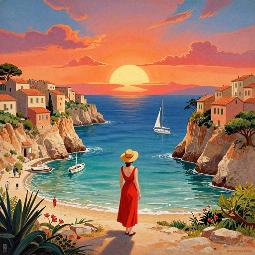 Digital painting of a woman in a red dress and straw hat, watching a sunset over a coastal village with sailboats.