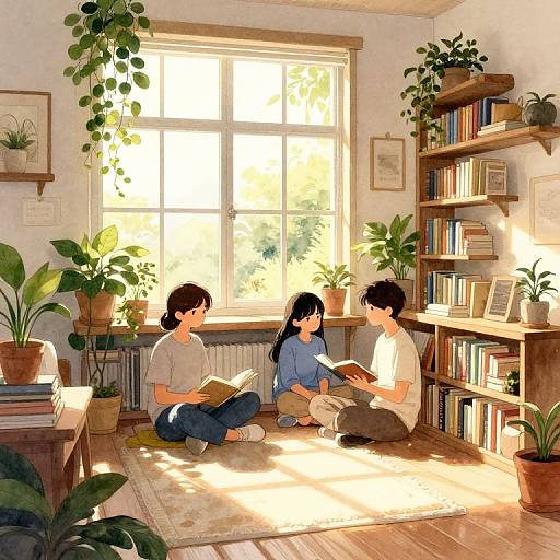 Anime-style digital drawing of three children with black hair, sitting cross-legged on a sunlit rug, reading in a cozy, plant-filled room with large