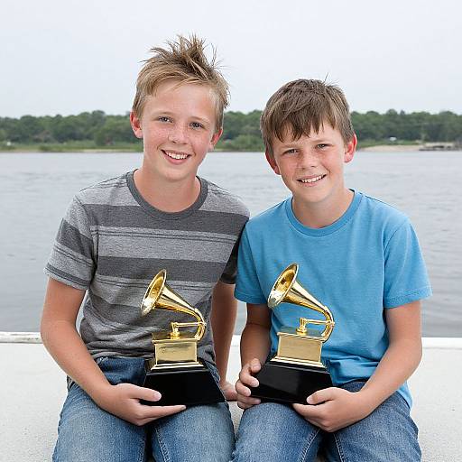 Photograph of two smiling boys, one in a gray striped shirt and the other in a blue shirt, holding gold Grammy trophies, sitting by a lake
