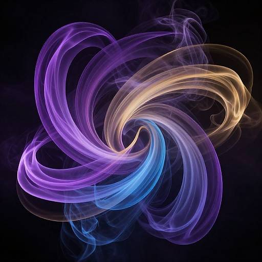 Digital art: swirling, ethereal light trails in purple, blue, and gold against a black background, creating a mesmerizing, abstract vortex.
