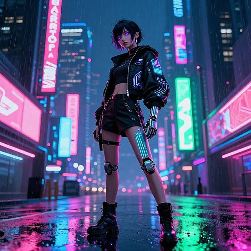 Cyberpunk street scene: Neon-lit, rainy city with a confident, dark-haired woman in a black, high-tech jacket, shorts, and