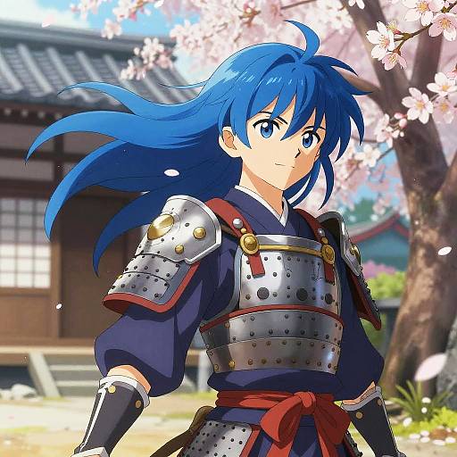 Digital anime-style drawing of a blue-haired samurai with blue eyes, wearing silver armor and a dark blue kimono, standing under cherry blossoms.