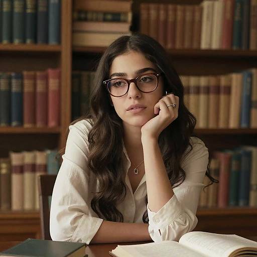 Photograph of a young woman with long black hair, wearing glasses and a white blouse, resting her chin on her hand in a library with wooden book