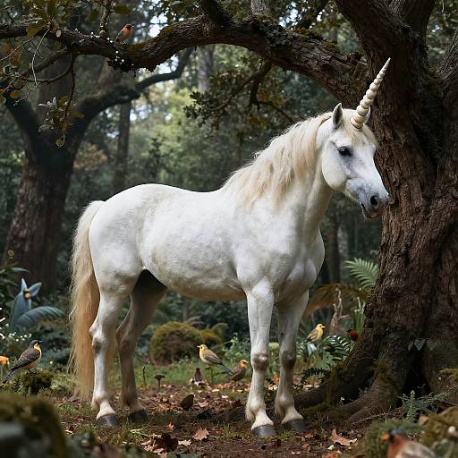 Photograph of a majestic white unicorn standing in a dense, sunlit forest, surrounded by birds and foliage, with a large tree trunk in the background
