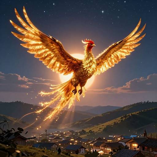 Digital artwork of a radiant, golden phoenix with glowing wings soaring above a village at night, illuminated by the moon and stars.