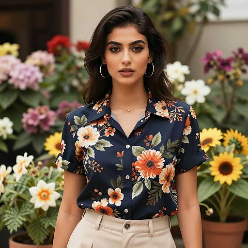 Photograph of a dark-haired woman with medium skin tone, wearing a black floral shirt and beige pants, standing in a colorful flower garden.