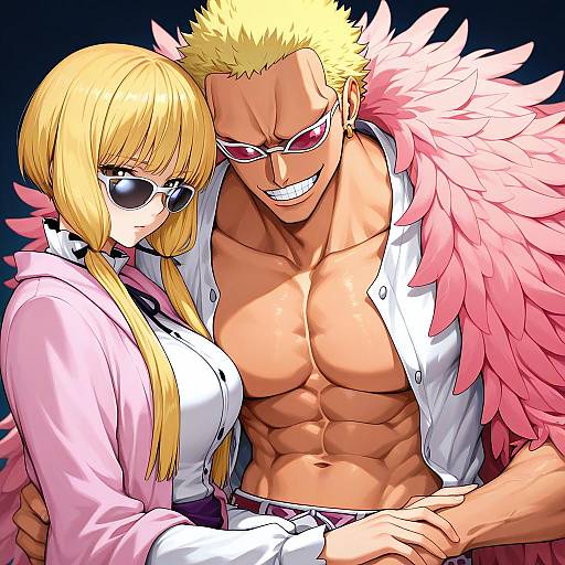 Illustration of Donquixote doflamingo, one piece in the style of Zen33n