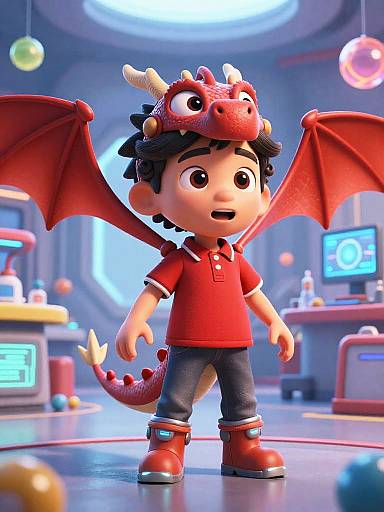 3D Cartoon Dragon and Boy in Futuristic Lab