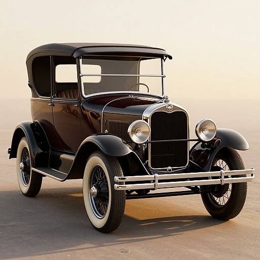 Photograph of a shiny black vintage 1930s sedan with chrome accents, white-walled tires, and a sleek, classic design, parked on