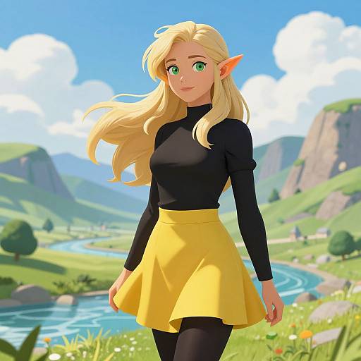 Digital anime-style drawing of a blonde elf woman with green eyes, black long-sleeve top, yellow skirt, black leggings, standing in a vibrant