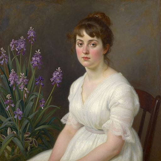 Oil painting of a fair-skinned woman with brown hair in a bun, wearing a white lace dress, sitting beside purple irises.