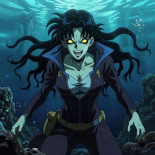 Digital anime-style illustration of a fierce, glowing-eyed woman with long black hair, wearing a dark jacket and white top, emerging from a blue underwater cave