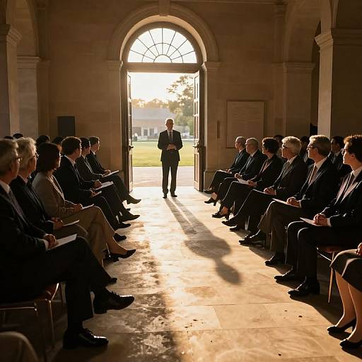 Photograph of a sunlit, arched hall with a speaker standing at the far end, facing an audience seated on both sides.
