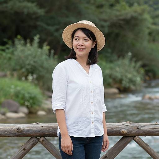 Smiling Asian Woman on Rustic Bridge