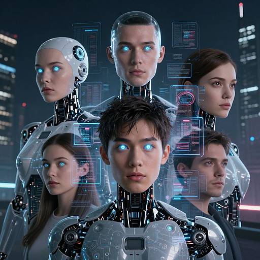 Photorealistic CGI of five futuristic, glowing-blue-eyed, robotic humans with sleek, metallic bodies standing in a neon-lit cityscape.
