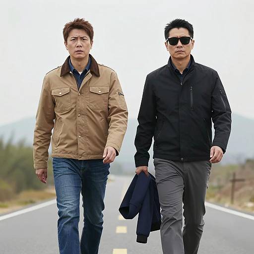 Two Men Walking on a Road