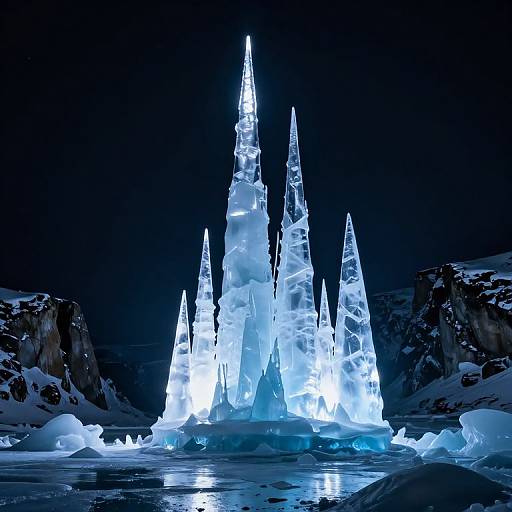 Photograph of glowing, illuminated ice spikes rising from a frozen, snow-covered landscape at night, with dark background and reflective water.