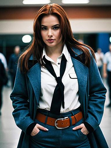 Woman in Blue Coat and Black Tie