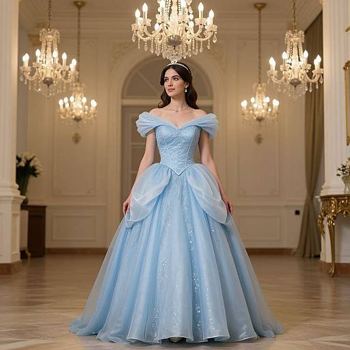 Photograph of a woman in an off-the-shoulder, light blue, ball gown with a full skirt, standing in a grand, chandelier