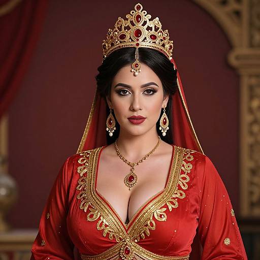 Photograph of an Asian woman with dark hair, wearing a gold crown, red and gold embroidered dress, and jewelry, set against a red and gold