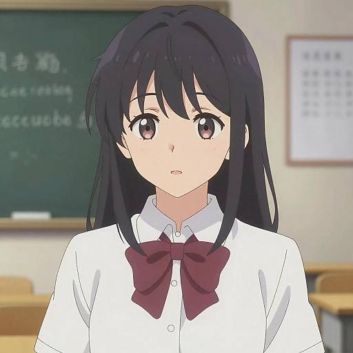 Anime-style digital drawing of a shy, black-haired girl with large brown eyes, wearing a white shirt with a red bow tie, in a classroom setting