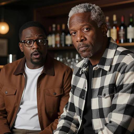 Two Black Men in Bar with Contrasting Expressions