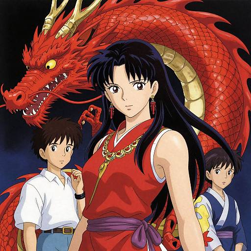 Anime-style illustration of a black-haired woman in a red kimono with a golden necklace, flanked by two boys and a red dragon. Dark background