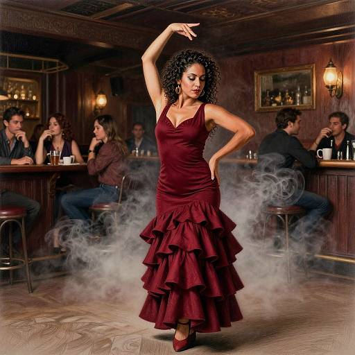 Photograph of a dark-skinned woman with curly hair in a red ruffled dress, dancing in a smoky bar, surrounded by seated patrons.