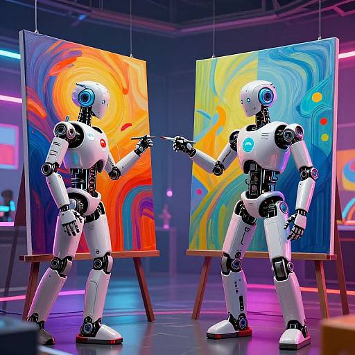 Photograph of two white humanoid robots pointing at colorful abstract paintings on easels in a brightly lit, futuristic studio.