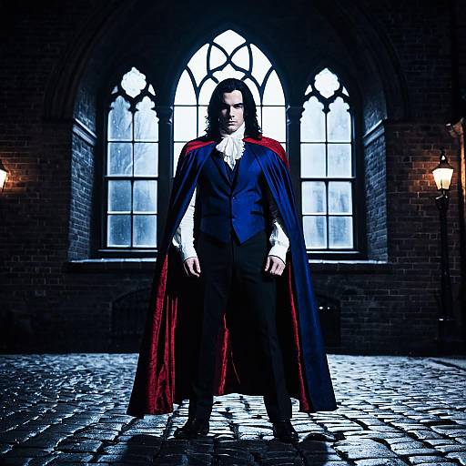 Man in Dracula Costume at Night