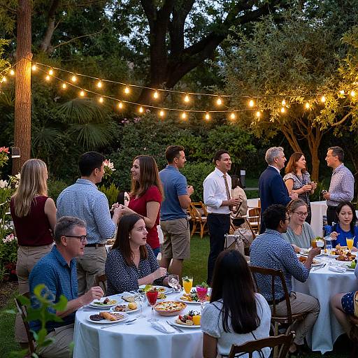 Photograph of a lively outdoor dinner party with string lights, diverse guests, and white-clothed tables, surrounded by lush greenery.