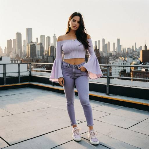 Woman in Lavender Outfit on Urban Rooftop